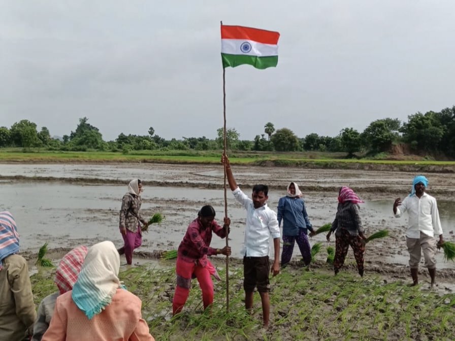 వెల్లివిరిసిన దేశభక్తి.. పొలాల్లో జాతీయజెండా ను ఆవిష్కరించిన కూలీలు